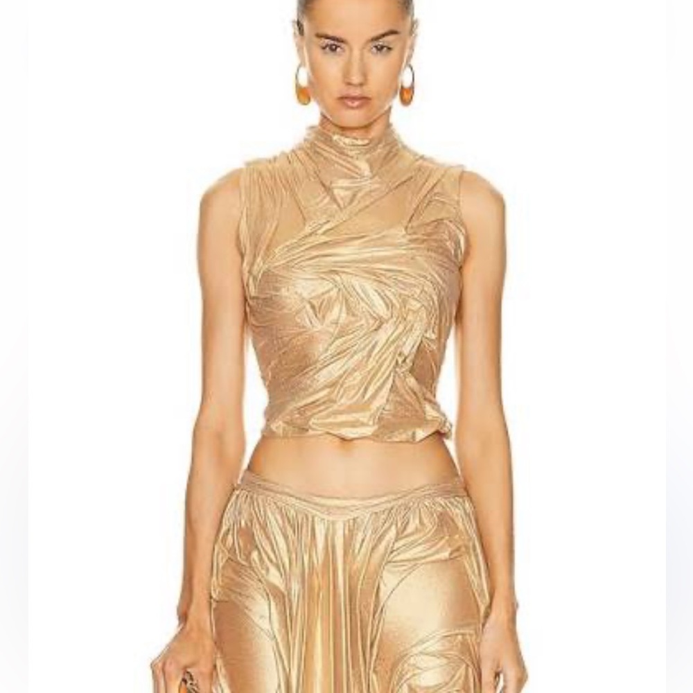 Di Petsa Gold Wet Look Draped Top High Neck Sleeveless XS - Picture 12 of 15